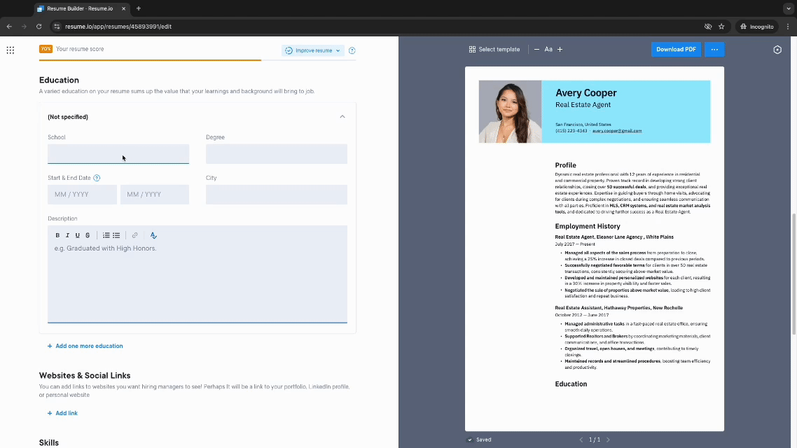 Education editor resume.io builder demo Education editor resume.io builder demo