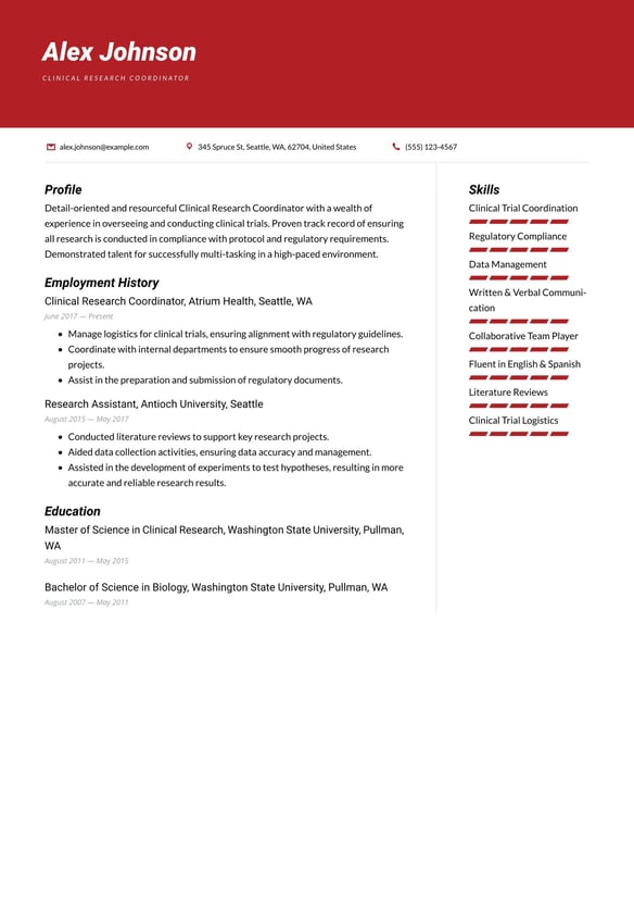 Clinical Research Coordinator resume example