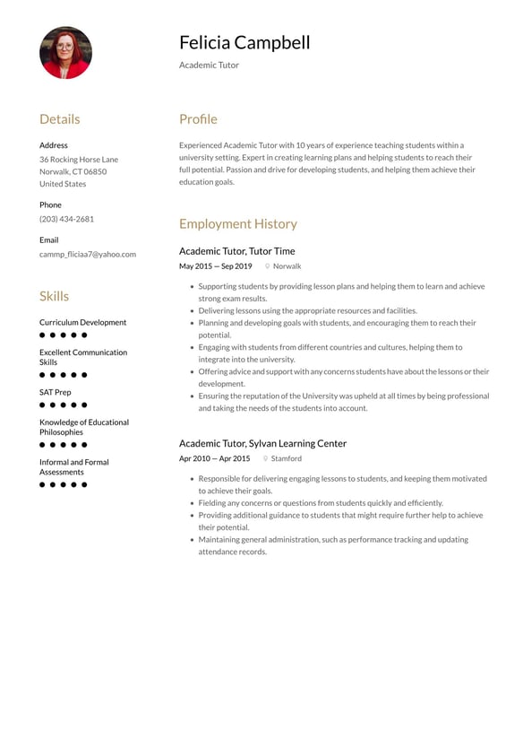 Academic Tutor resume example