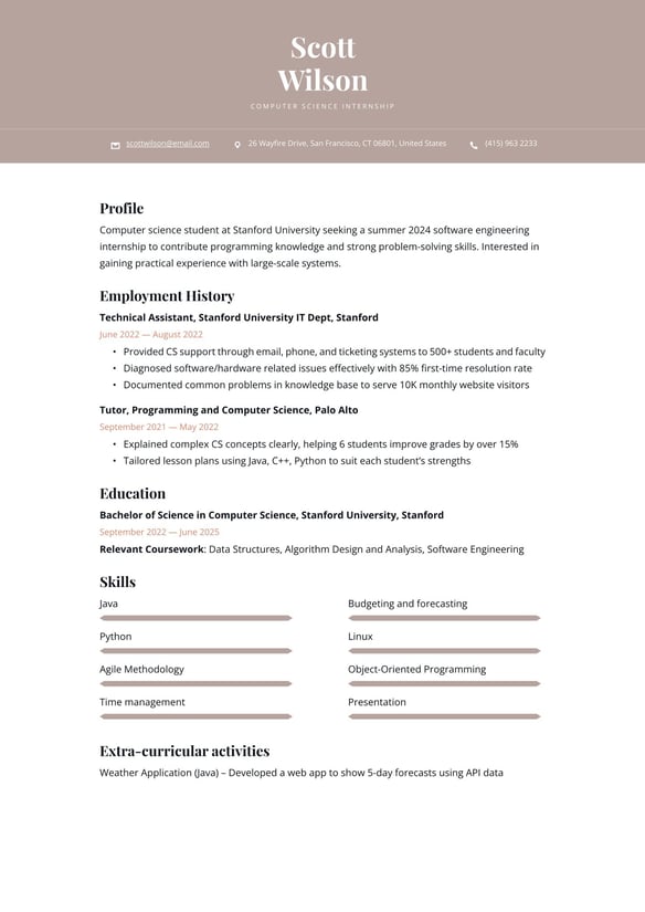 Computer Science Internship resume example