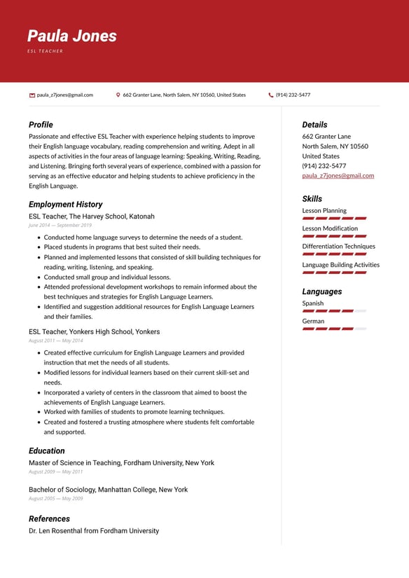 ESL Teacher resume example