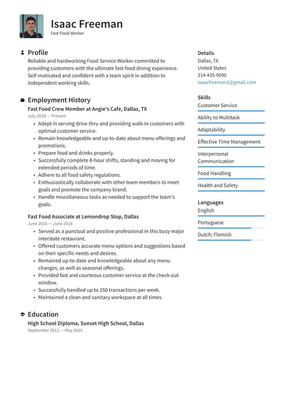 Fast Food Worker resume example