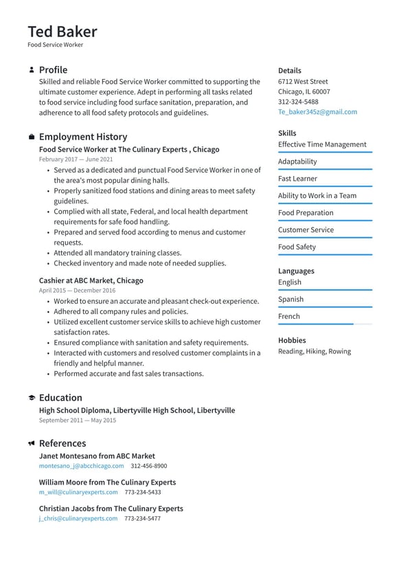 Food Service Worker resume example