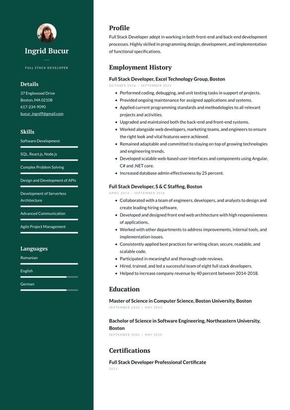 Full Stack Developer resume example
