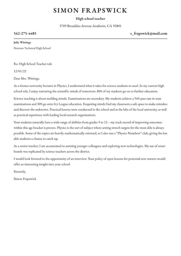 High School Teacher cover_letter example