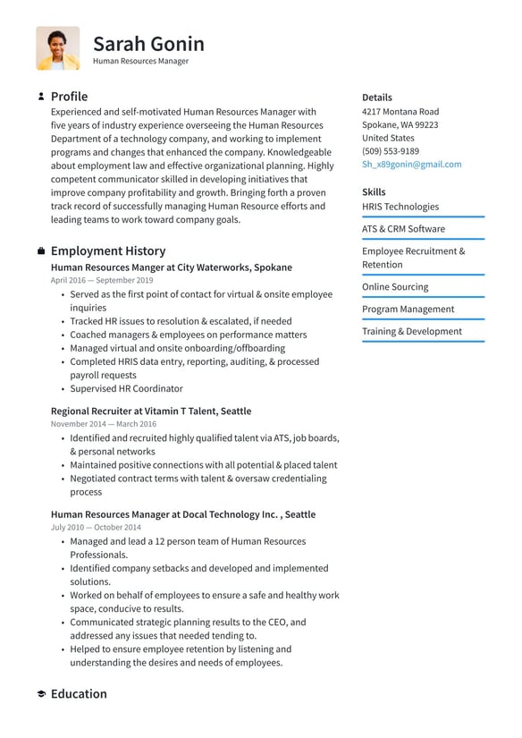 Human Resources Manager resume example