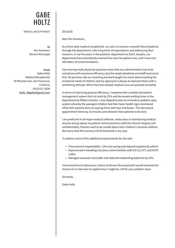 Medical Receptionist cover_letter example