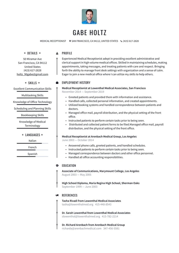 Medical Receptionist resume example