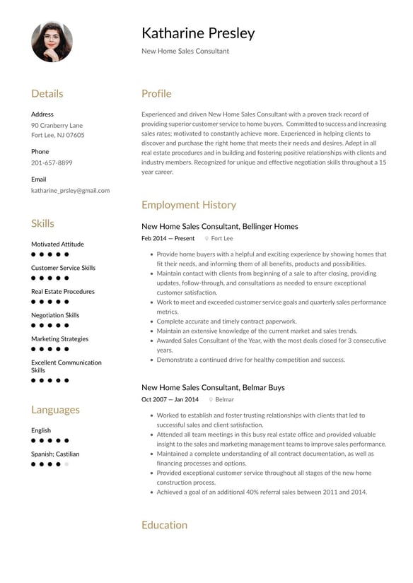 New Home Sales Consultant resume example