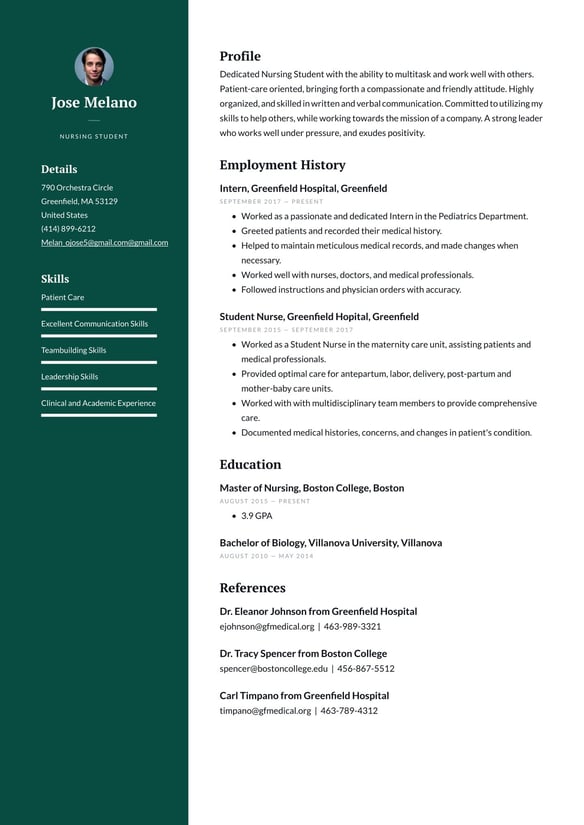 Nursing Student resume example
