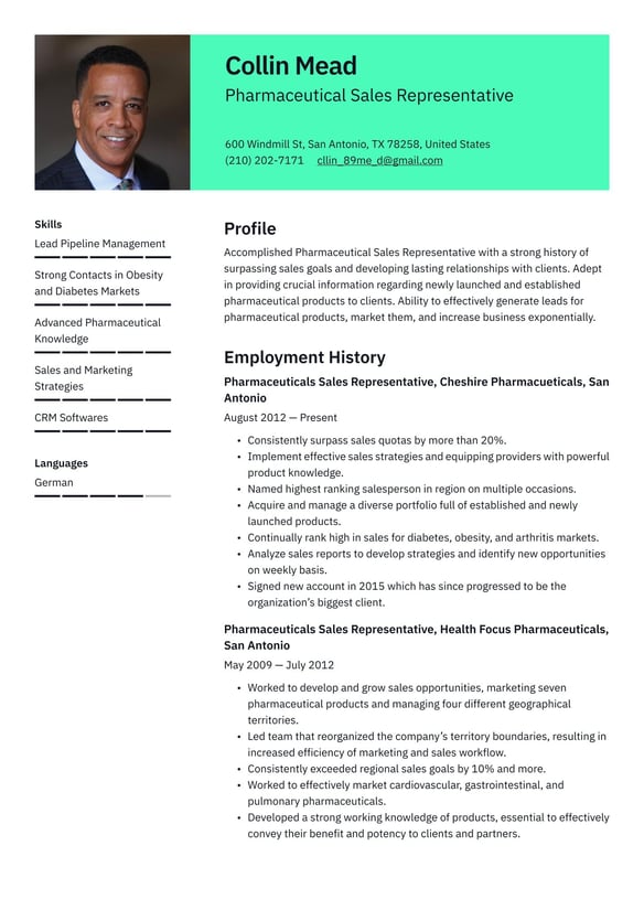 Pharmaceutical Sales Representative resume example