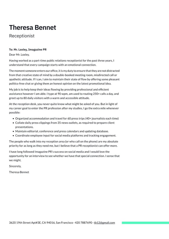 Receptionist cover_letter example