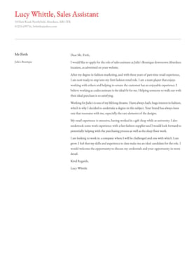 Sales Assistant cover letter example
