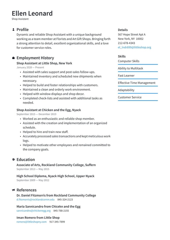 Shop Assistant resume example