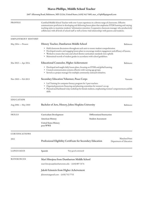 Teacher resume example