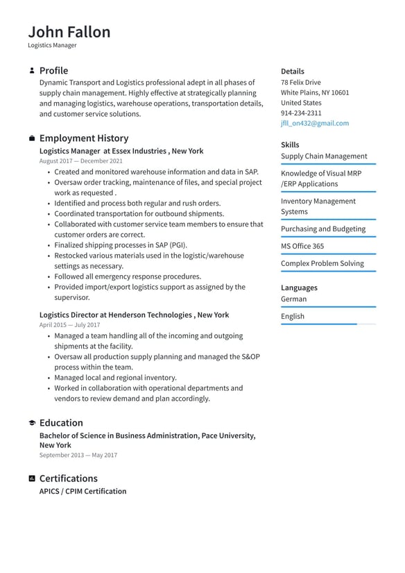 Transport & Logistics resume example